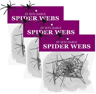 Decoratie spinnenweb/spinrag met spinnen - 3x - 60 gram - wit - Halloween/horror versiering