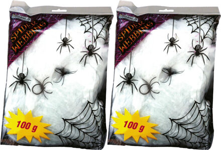 Decoratie spinnenweb/spinrag met spinnen - 4x - 100 gram - wit - Halloween/horror versiering
