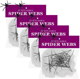 Decoratie spinnenweb/spinrag met spinnen - 4x - 60 gram - wit - Halloween/horror versiering