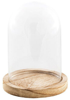 Decoratie stolp - glas - houten plateau - D14 x H21 cm - Decoratieve stolpen Transparant