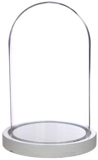 Decoratie stolp - glas - houten wit plateau - D14 x H21 cm - Decoratieve stolpen Transparant