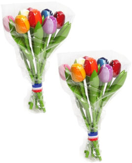 Decoratie tulpen boeket - 2x stuks - gekleurd - 20 cm - hout - bloemen boeket - Hollandse tulpen