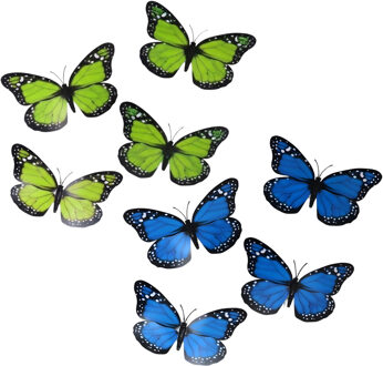 Decoratie Vlinders - 8x blauw - 8x groen - op clip - 12 x 6 cm - knutsel / hobby materiaal