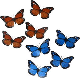 Decoratie Vlinders - 8x blauw - 8x oranje - op clip - 12 x 6 cm - hobby / knutsel materiaal