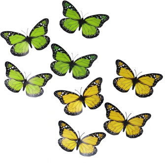 Decoratie Vlinders - 8x geel - 8x groen - op clip - 12 x 6 cm - hobby / knutselmateriaal