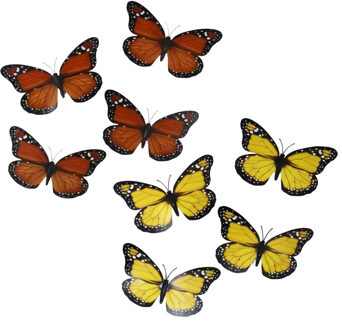 Decoratie vlinders - 8x geel - 8x oranje - op clip - 12 x 6 cm - hobby / knutsel materiaal