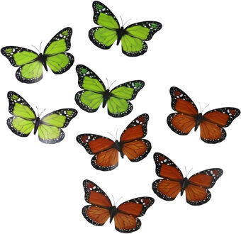 Decoratie Vlinders - 8x oranje - 8x groen - op clip - 12 x 6 cm - hobby / knutselmateriaal