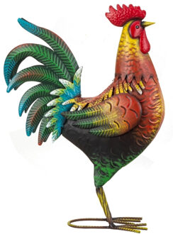Decoratie vogel beeldje - Haan/Kip - 39 x 38 cm - voor binnen en buiten - multi kleuren - metaal