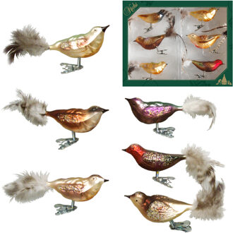 decoratie vogels - 12x stuks - diverse kleuren - glas - 11 cm - op clip - decoratievogeltjes