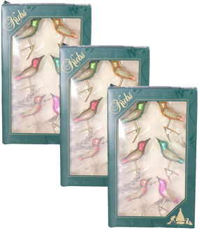 Decoratie vogels - 18x stuks - op clip - gekleurd - 9 cm - glas - vogeltjes