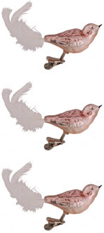 Decoratie vogels - 3x - roze - 11 cm - op clip - glas - kerstboomversiering