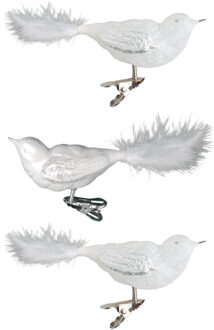 Decoratie vogels - 3x - wit - 11 cm - op clip - glas - kerstboomversiering