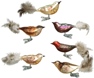 decoratie vogels - 6x stuks - diverse kleuren - glas - 11 cm - op clip - decoratievogeltjes - Bruin