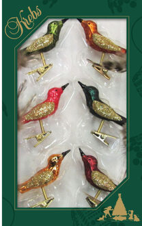 Decoratie vogels - 6x stuks - op clip - gekleurd - 9 cm - glas - vogeltjes
