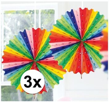 Decoratie waaier van papier - 3x - Honeycomb - regenboog - Dia 45 cm - Feest versiering
