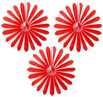 Decoratie waaiers - 3x - rood/wit - Dia 35 cm - Hangende versieringen/Feestartikelen