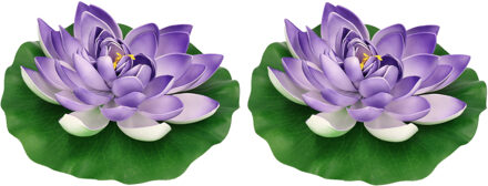 Decoratie waterlelie drijvend - 2x - lila paars - kunststof - 26 cm