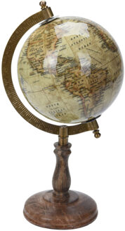 Decoratie Wereldbol/globe Beige Op Mangohouten Voet 13 X 28 Cm - Wereldbollen