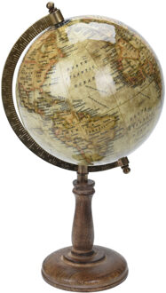 Decoratie wereldbol/globe beige op mangohouten voet 16 x 32 cm - Wereldbollen