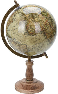 Decoratie wereldbol/globe beige op mangohouten voet 23 x 38 cm Multi