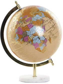 Decoratie wereldbol/globe beige op marmeren voet 20 x 28 cm - Wereldbollen