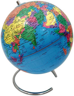 Decoratie wereldbol/globe blauw op ijzeren voet 20 x 24 cm