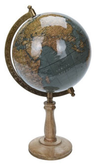 Decoratie wereldbol/globe blauw op mangohouten voet 16 x 32 cm