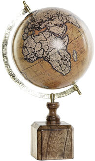 Decoratie wereldbol/globe bruin/goud op mango houten voet 40 x 22 cm - Wereldbollen