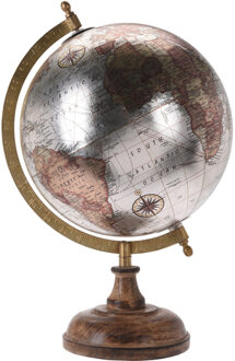 Decoratie wereldbol/globe creme metallic op houten voet D20 x H33 cm