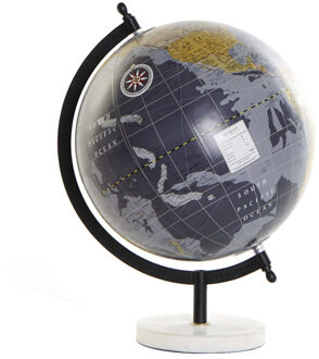Decoratie wereldbol/globe donkerblauw op marmeren voet 22 x 30 cm