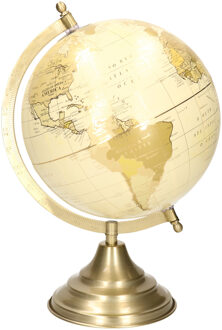 Decoratie wereldbol/globe goud/ecru op metalen voet 22 x 34 cm - Wereldbollen