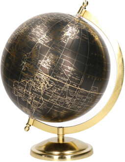 Decoratie wereldbol/globe goud/zwart op metalen voet 22 x 27 cm