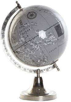 Decoratie wereldbol/globe grijs/zilver op aluminium voet 32 x 23 cm - Wereldbollen