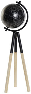 Decoratie wereldbol/globe zwart metaal op houten voet 18 x 60 cm