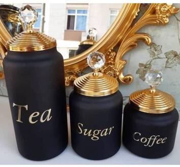 Decoratieve Glas Opslag Pot Edelsteen Dore Thee Koffie En Suiker Opslag Potten Geel Zwart Patroon