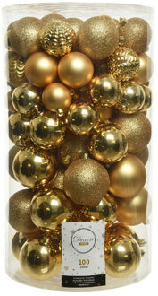 Decoris 100x Kunststof kerstballen mix goud 4-5-6-7-8 cm kerstboom versiering/decoratie - Kerstbal Goudkleurig