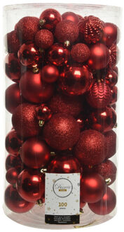 Decoris 100x stuks kunststof kerstballen rood 4, 5, 6, 7 en 8 cm