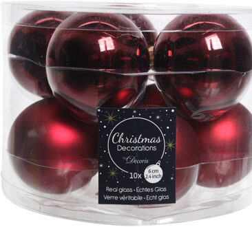 Decoris 10x Donkerrode glazen kerstballen 6 cm glans en mat Donkerrood