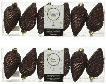 Decoris 12x Donkerbruine dennenappels kersthangers 8 cm kunststof glitter