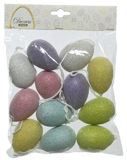 Decoris 12x Gekleurde glitter plastic/kunststof eieren/Paaseieren 6 cm Multi