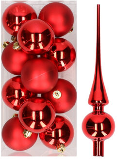 Decoris 12x Kerst rode kunststof kerstballen met glazen piek glans - Kerstbal Rood