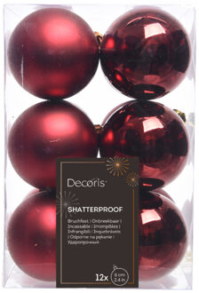 Decoris 12x Kerstballen - donkerrood - 6 cm - kunststof - mat/glans