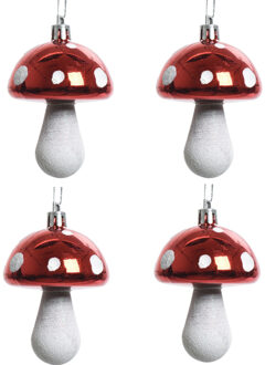 Decoris 12x Kerstboomhangers rode paddenstoelen 7 cm kerstversiering - Rode kerstversiering/boomversiering