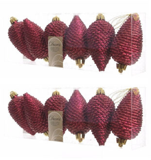 Decoris 12x Kunststof dennenappel kerstballen glitter donkerrood 8 cm kerstboom versiering/decoratie - Kersthangers