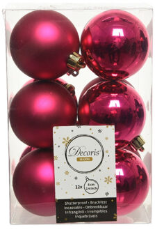 Decoris 12x Kunststof kerstballen glanzend/mat bessen roze 6 cm kerstboom versiering/decoratie - Kerstbal