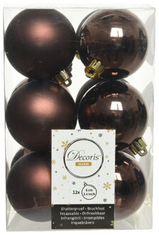 Decoris 12x Kunststof kerstballen glanzend/mat donkerbruin 6 cm kerstboom versiering/decoratie - Kerstbal