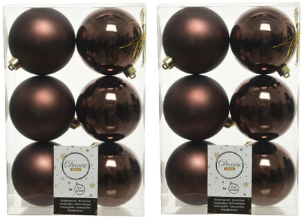 Decoris 12x Kunststof kerstballen glanzend/mat donkerbruin 8 cm kerstboom versiering/decoratie - Kerstbal