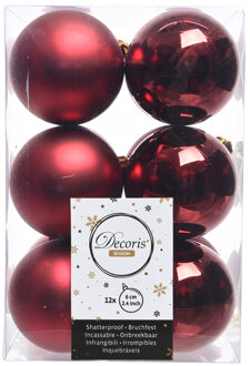 Decoris 12x Kunststof kerstballen glanzend/mat donkerrood 6 cm kerstboom versiering/decoratie - Kerstbal