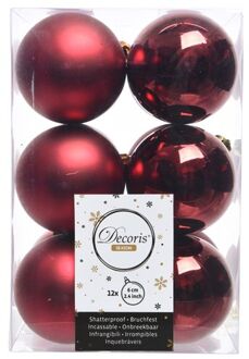 Decoris 12x Kunststof kerstballen glanzend/mat donkerrood 6 cm kerstboom versiering/decoratie - Kerstbal