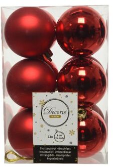 Decoris 12x Kunststof kerstballen glanzend/mat kerst rood 6 cm kerstboom versiering/decoratie - Kerstbal